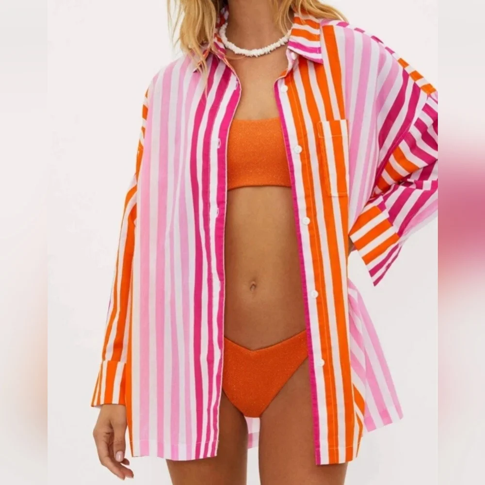 Beach Riot Nwot Alexa Coverup Button Down Sunset Stripes Pink Orange Sz L/XL - Picture 2 of 14